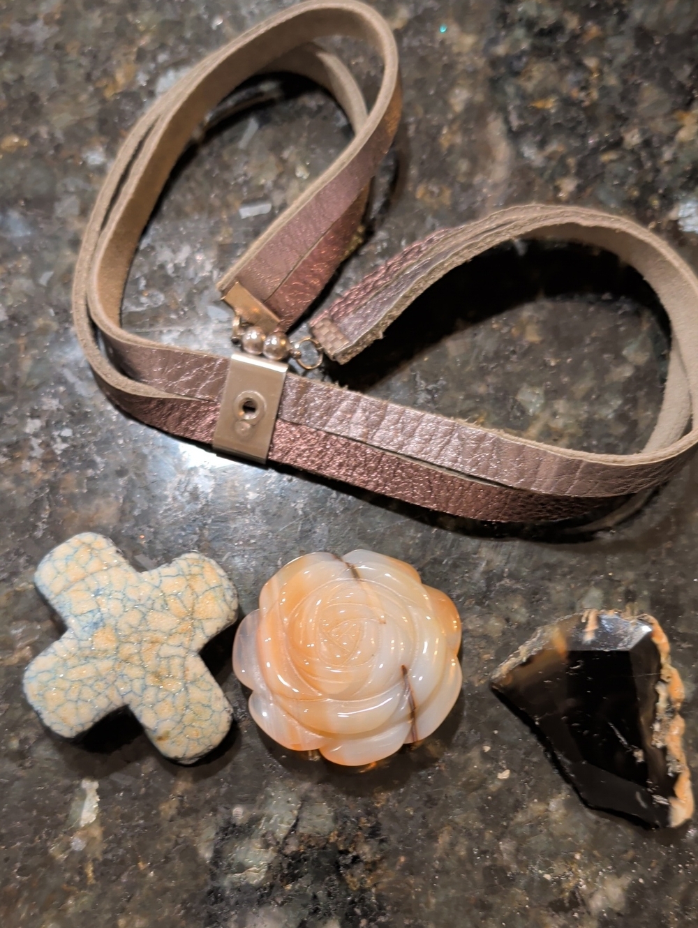 Leather Wrap Choker Bracelet with Natural Precious Rocks Stones